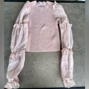 Wmns Zara pink rubbed knit top with mesh balloon ruffle sleeves Size S Used